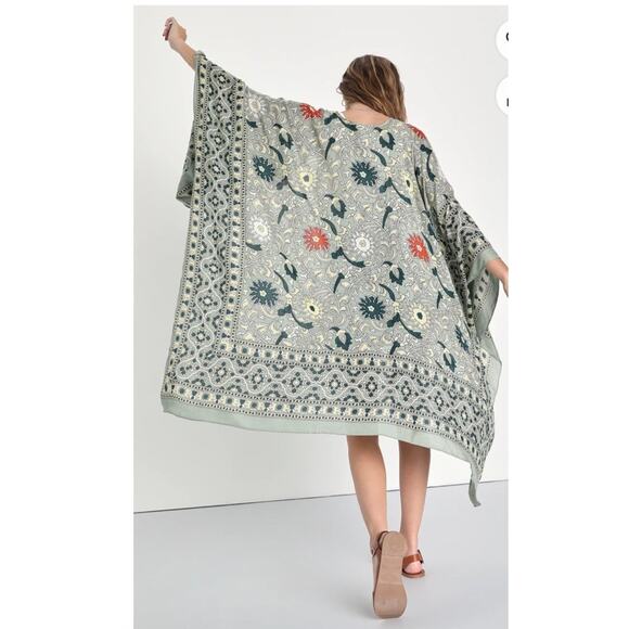 Free People Magic Dance Sage Green Printed Shawl OS Floral Kimono Boho Festival - Picture 1 of 12